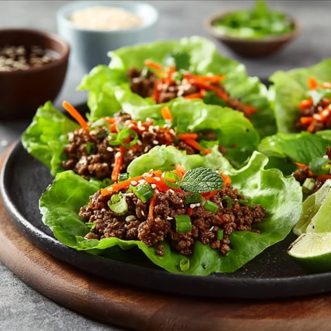 A plate of lettuce wraps with ground beef and vegetables.