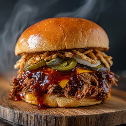A close up of a shredded pork burger.