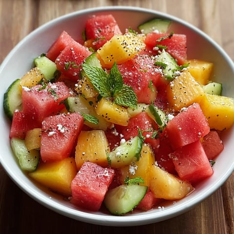 A bowl of watermelon and peach salad.