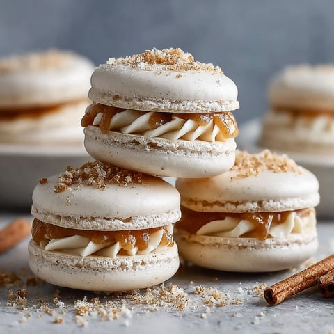 A stack of macarons with a caramel filling.