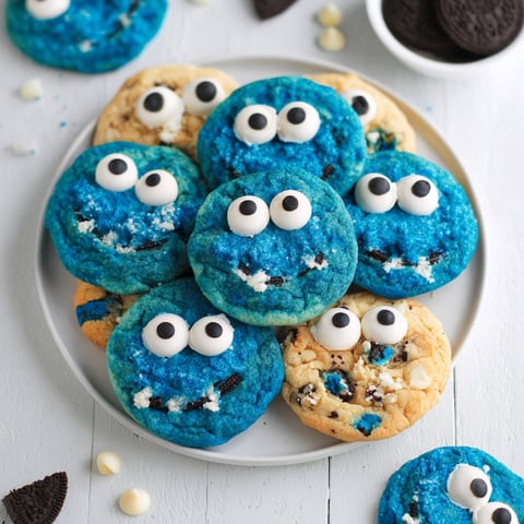 A plate of blue cookies with white eyes and chocolate chips.