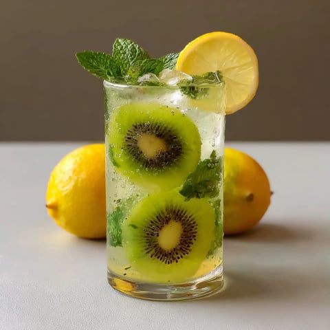 A glass of kiwi lemon mojito with a slice of lemon and a slice of kiwi.