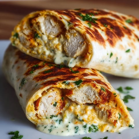 Two cheesy garlic chicken wraps on a plate.