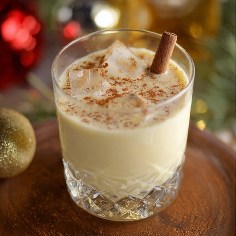 A glass of eggnog with a cinnamon stick in it.