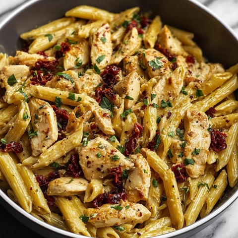 A bowl of chicken and pasta.