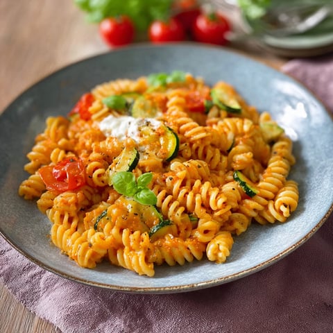 A plate of pasta with tomatoes and zucchini.