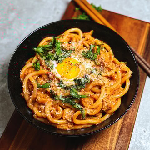 A bowl of creamy gochujang udon noodles.