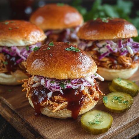 Four BBQ Pulled Chicken Sliders on a wooden tray.