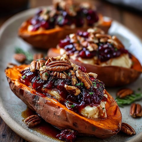 Sweet potatoes with a cranberry glaze and topped with pecans and brie.