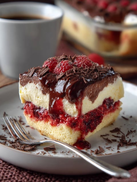 A slice of cake with chocolate and raspberry toppings.