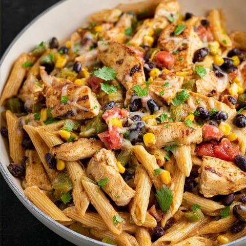 A bowl of Southwest Chicken Pasta with Penne Pasta.