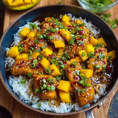 A pan of Asian Mango Chicken with rice.