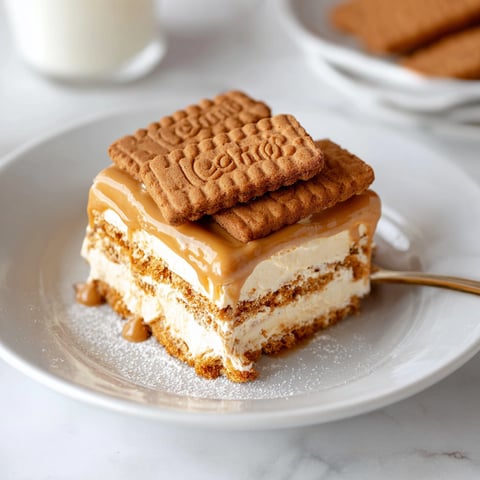 A slice of Biscoff icebox cake with caramel sauce.