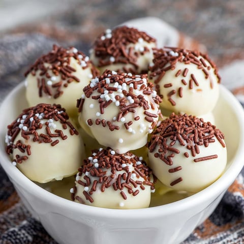 A bowl of chocolate truffles with white sprinkles.
