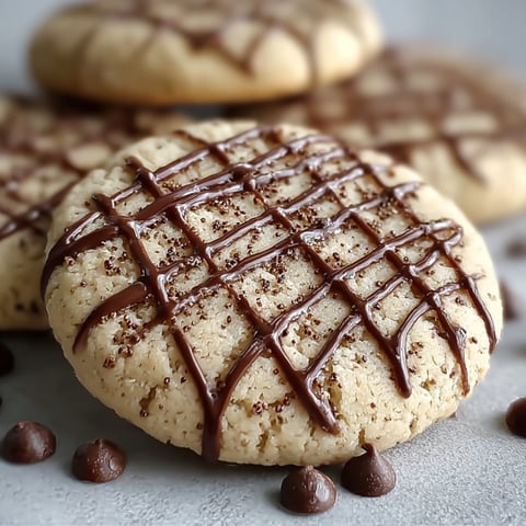 A close up of a chocolate drizzled cookie.