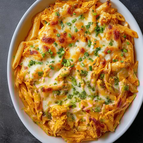 A white bowl filled with a cheesy buffalo chicken pasta bake.
