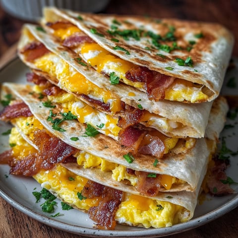 Bacon, egg, and cheese quesadillas stacked on a plate.