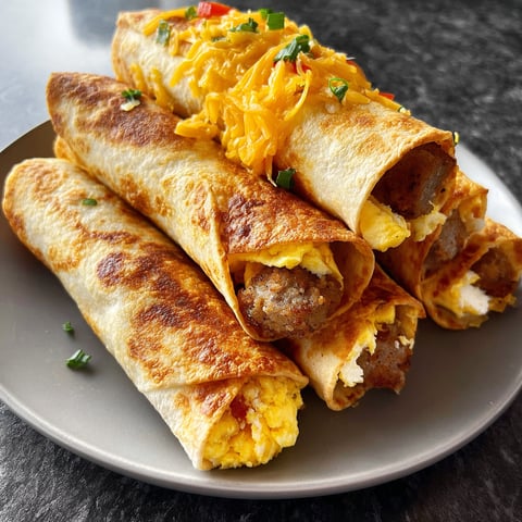A plate of food with a breakfast burrito and a breakfast burrito with sausage.