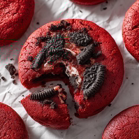 A half eaten red velvet oreo cookie.