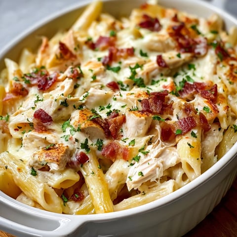 A bowl of chicken bacon alfredo baked pasta.