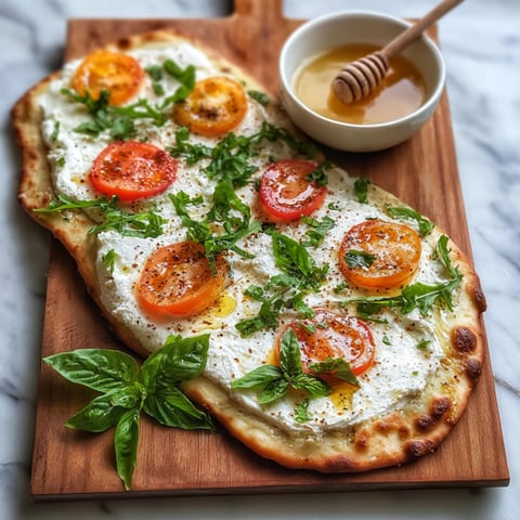 A flatbread pizza with tomatoes, basil, and ricotta cheese.