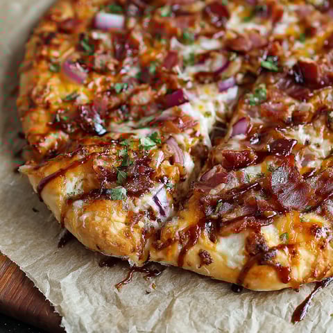 A pizza with bacon and onions on it.