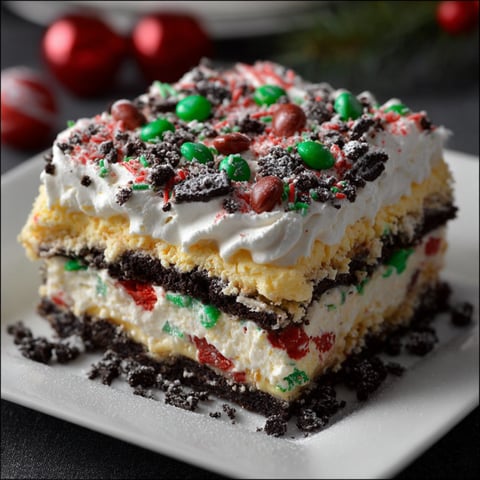 A Christmas Cookie Lasagna is displayed on a white plate.