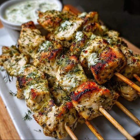 A plate of dill pickle ranch chicken skewers.