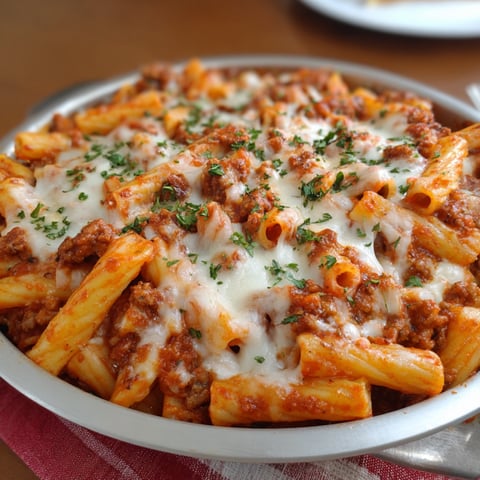 A delicious looking baked ziti dish.