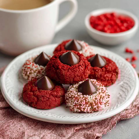 A plate of red velvet cookies with white chocolate chips.