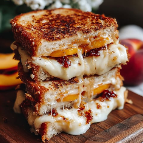 A stack of grilled cheese sandwiches with peaches and honey.