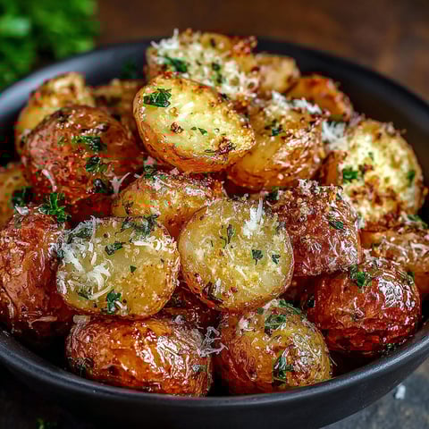A bowl of roasted garlic butter Parmesan potatoes.