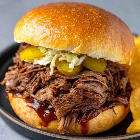 A delicious Pulled Beef Sandwich.