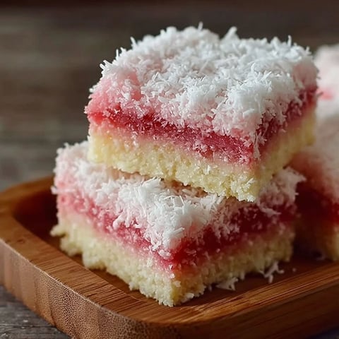 A close up of a pink coconut snowball cake bar.