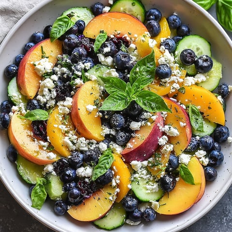 A bowl of fruit salad with blueberries, peaches, and feta cheese.