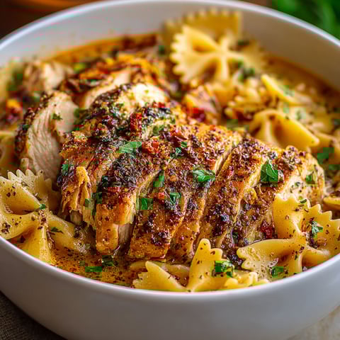 A bowl of food with chicken and pasta.