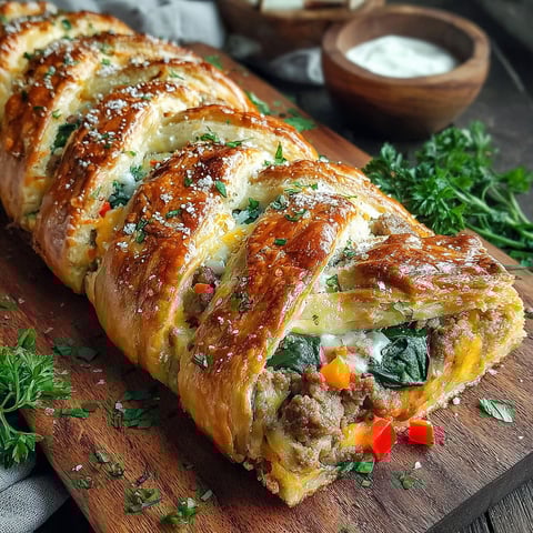 A delicious breakfast braid on a wooden cutting board.