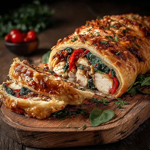 A close up of a delicious looking chicken and vegetable filled pastry.