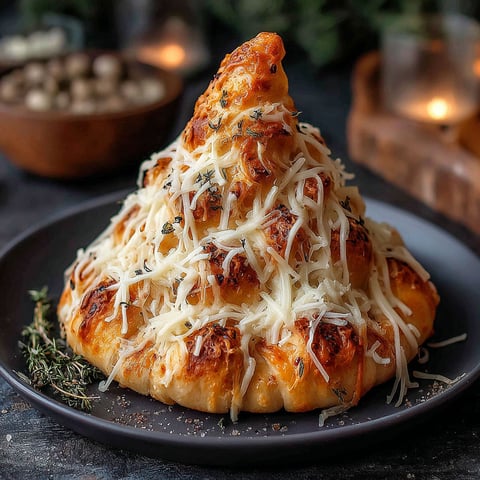 A cheesy bread with a witches hat on top.