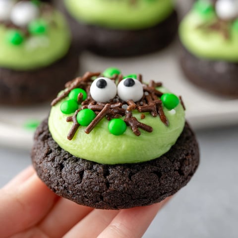 A hand holding a cookie with a green frosting and a black frosting.