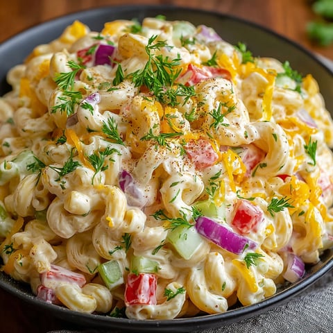 A bowl of macaroni salad with various vegetables.