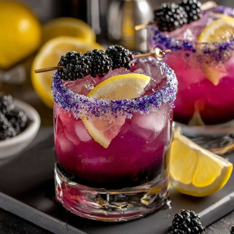 A glass of purple people eater cocktail with blackberries and lemon.