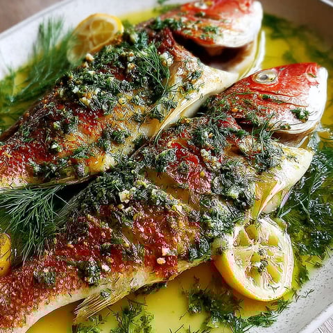 A whole baked fish with garlic and dill sauce.