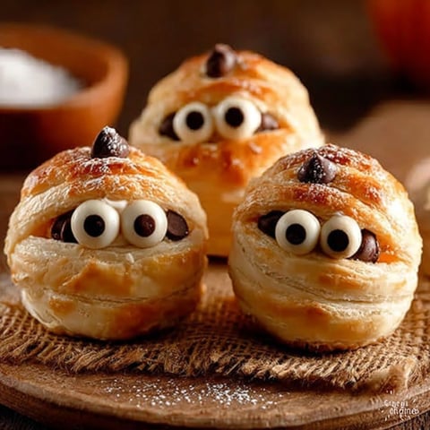 Three mummy wrapped cheesecake bites on a wooden table.