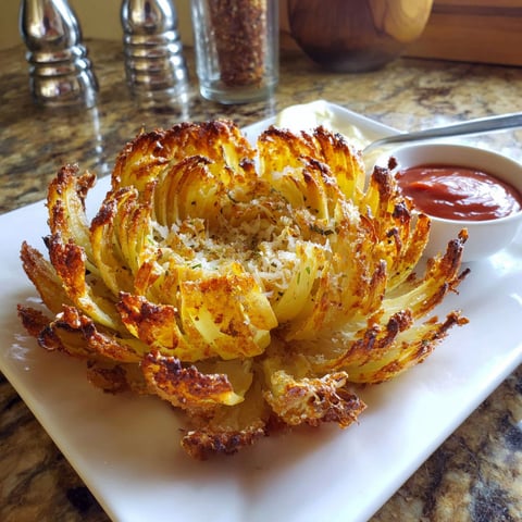 A close up of a blooming onion in an oven.