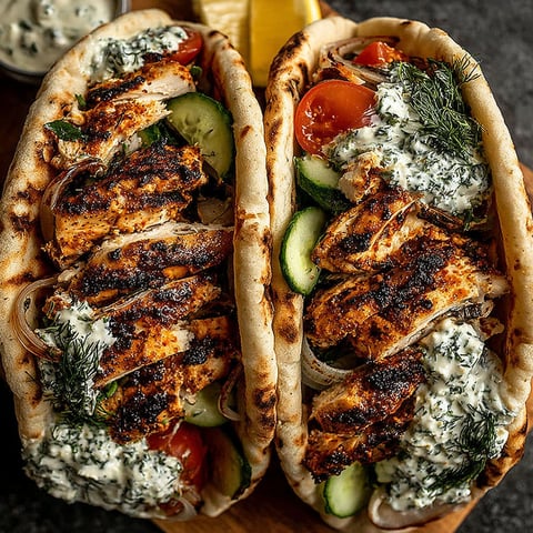 Two grilled chicken gyros with cucumber and tomato toppings.