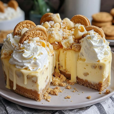 A slice of white chocolate golden oreo cheesecake on a plate.