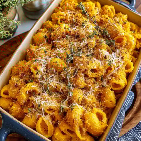 A dish of mac and cheese with butternut squash.