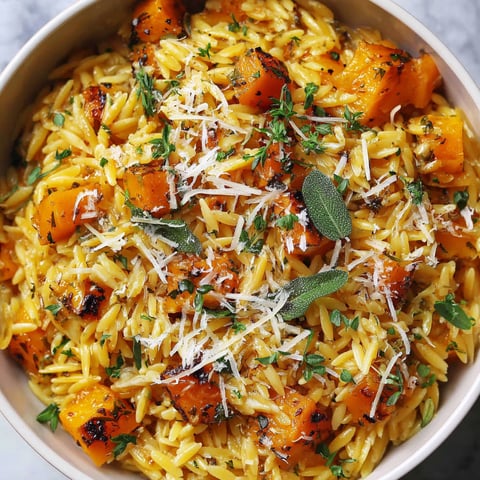 A bowl of rice with butternut squash and sage.