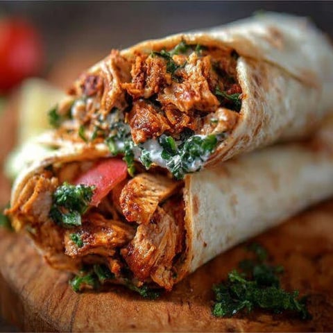 A chicken shawarma wrap on a wooden table.